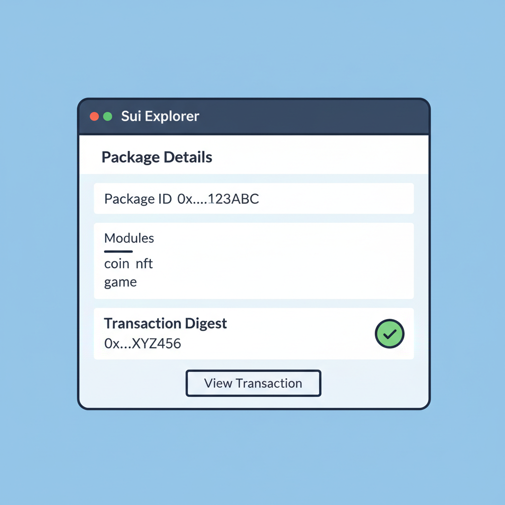Sui Explorer webpage displaying deployed Move package details and transaction digest