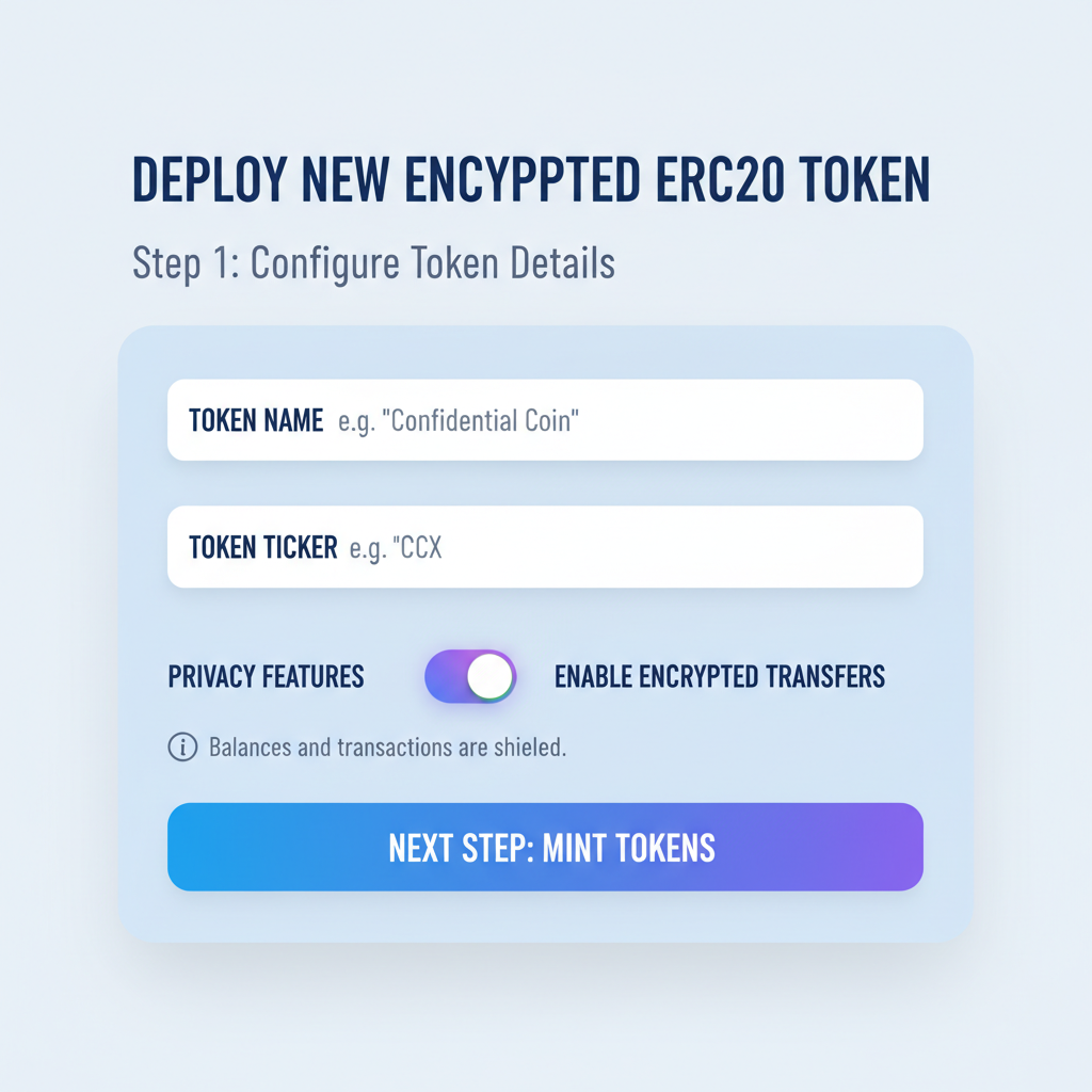 web interface for deploying encrypted ERC20 token, form fields for name ticker, privacy toggle