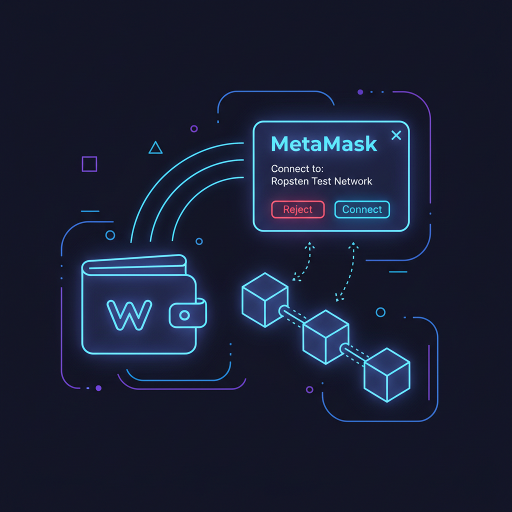 wallet connecting to blockchain testnet interface, metamask popup, futuristic neon blues