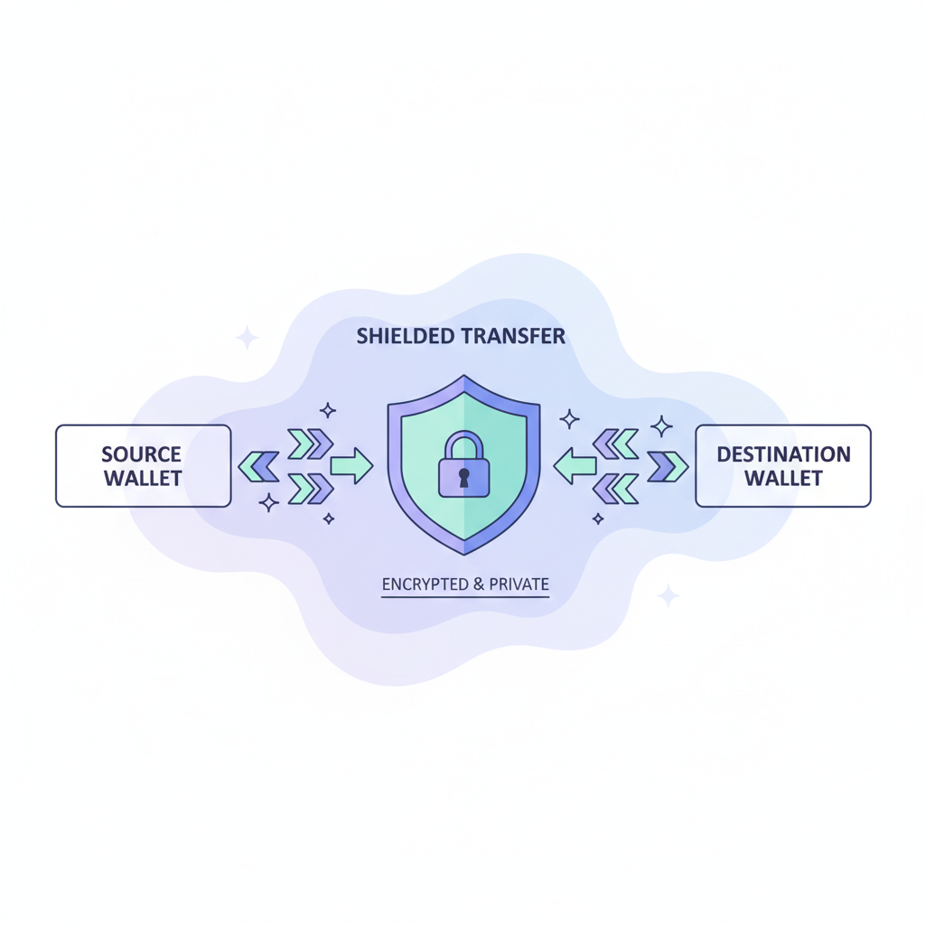 shielded transfer interface, encrypted arrows between wallets, privacy fog effect