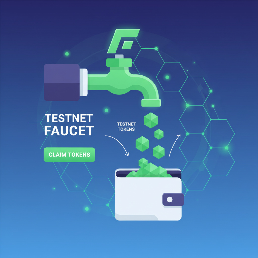 faucet interface dripping testnet tokens into wallet, blockchain theme, green glow