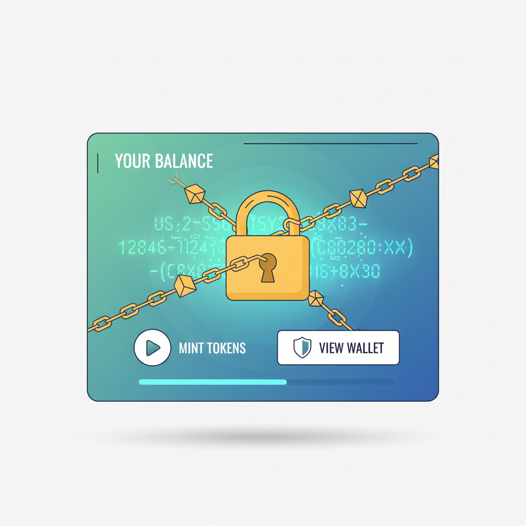 minting tokens screen, balance encrypting with padlock animation, glowing cipher