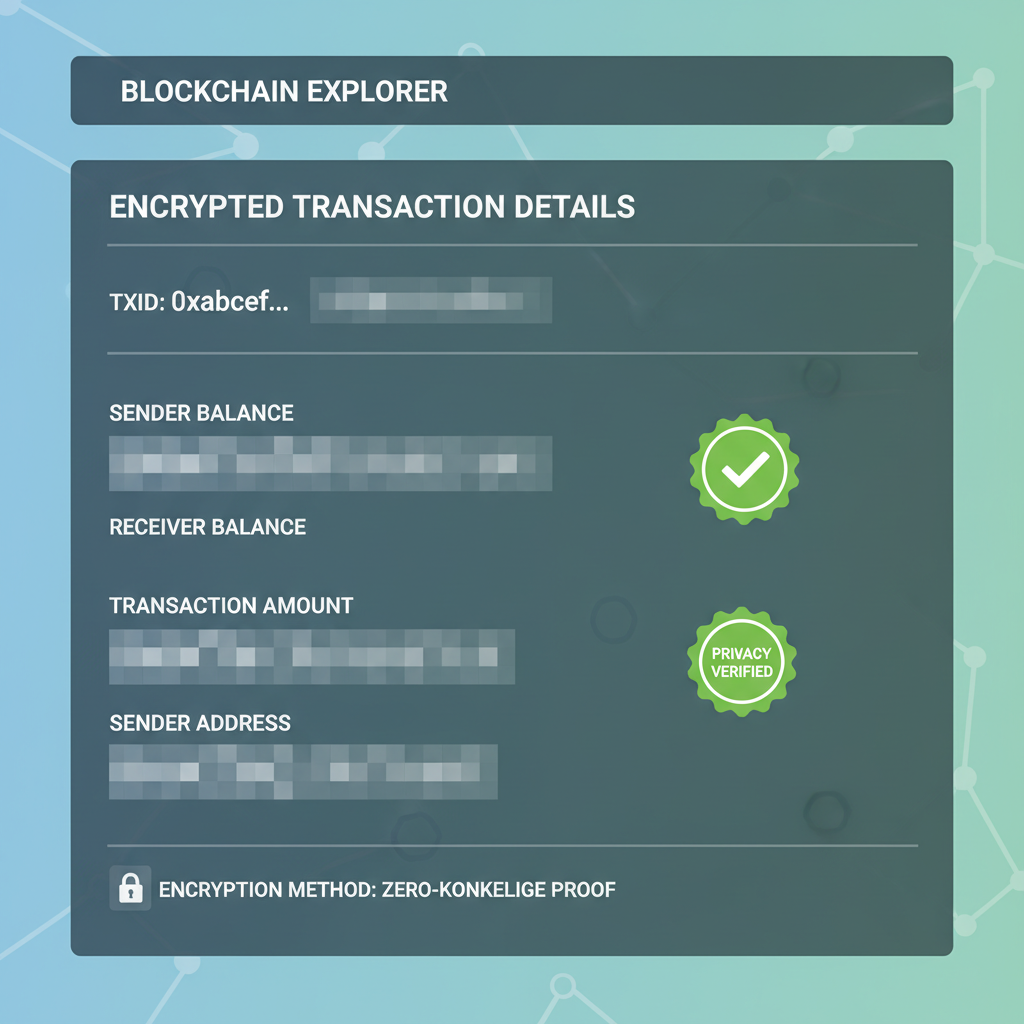 blockchain explorer view of encrypted tx, blurred balances, privacy verified badge