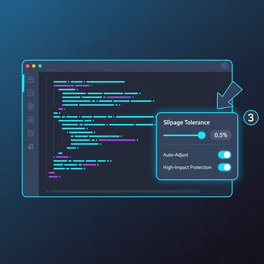 sleek code editor with slippage tolerance settings highlighted, futuristic UI, neon blues