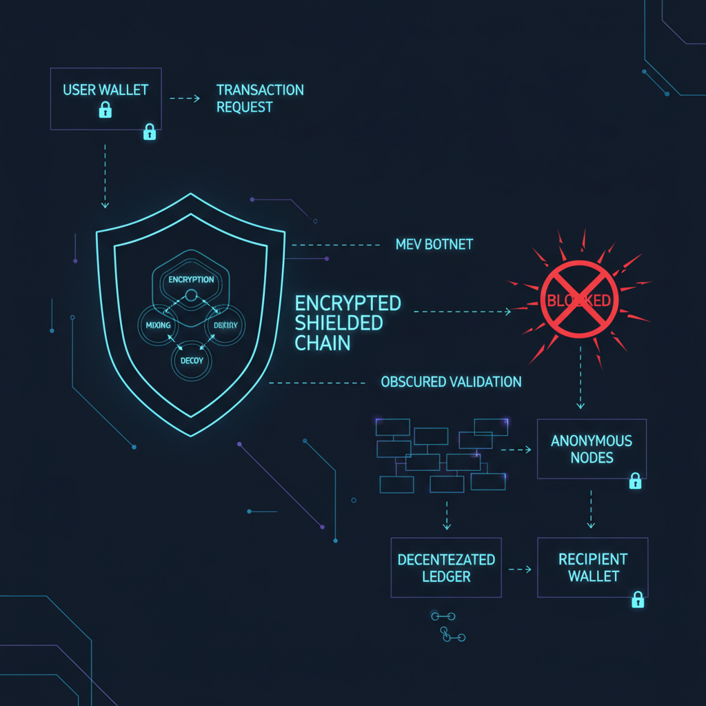 shielded transaction flow blocking MEV attacks, encrypted chains, dark mode tech art