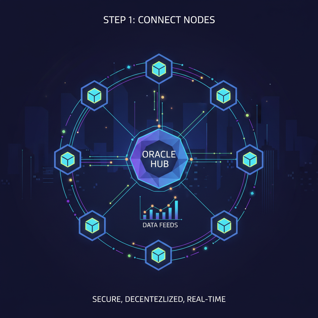 digital oracle network connecting blockchain nodes, glowing data streams, cyberpunk style
