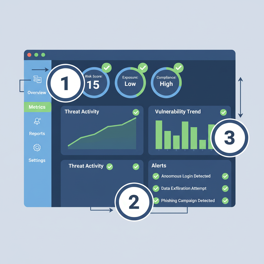 testing dashboard with green checkmarks on risk metrics, graphs and alerts, modern analytics