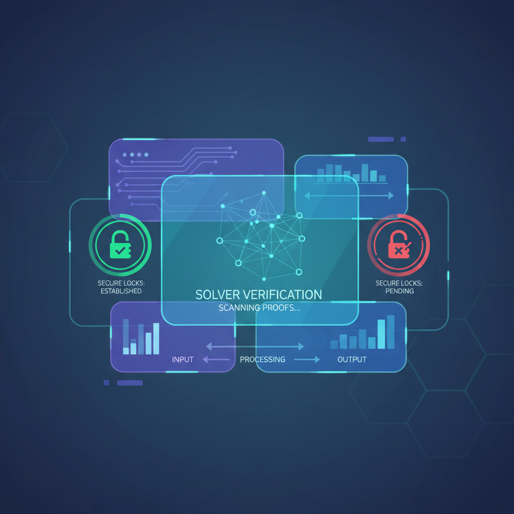 holographic solver verification dashboard scanning proofs, secure locks, high-tech interface