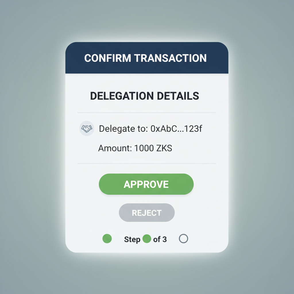 Wallet confirmation screen for ZKsync Era transaction, delegation details visible, green approve button
