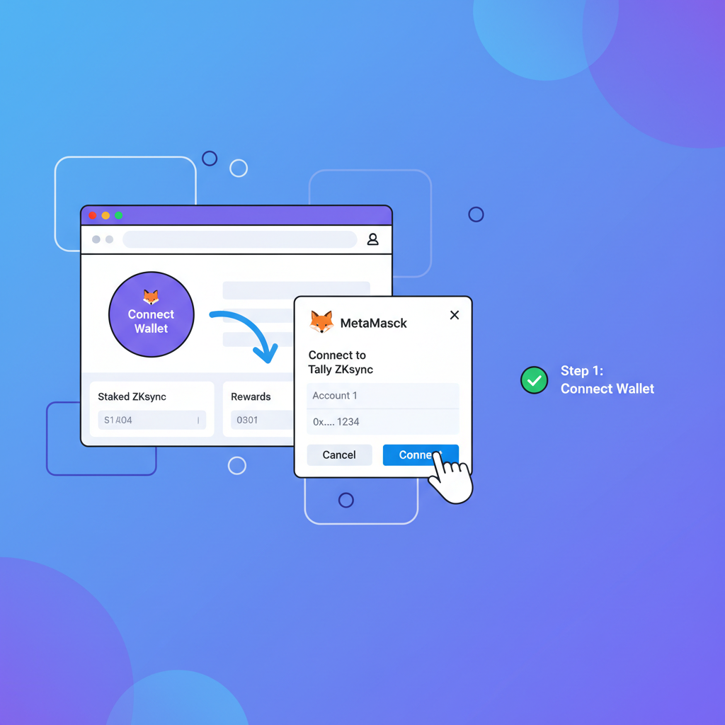 User connecting MetaMask wallet to Tally ZKsync staking dashboard, clean web UI, crypto theme