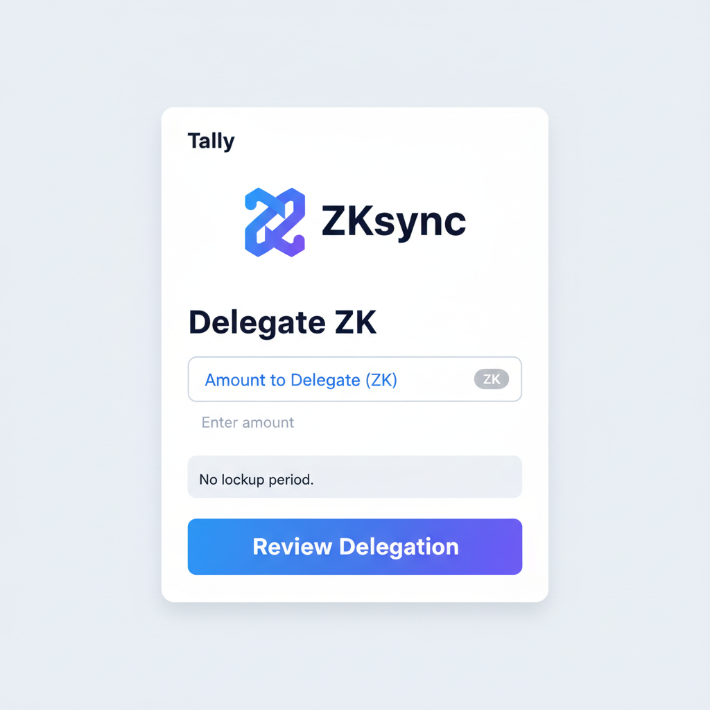 Input field for $ZK delegation amount on Tally interface, no lockup indicator, ZKsync branding