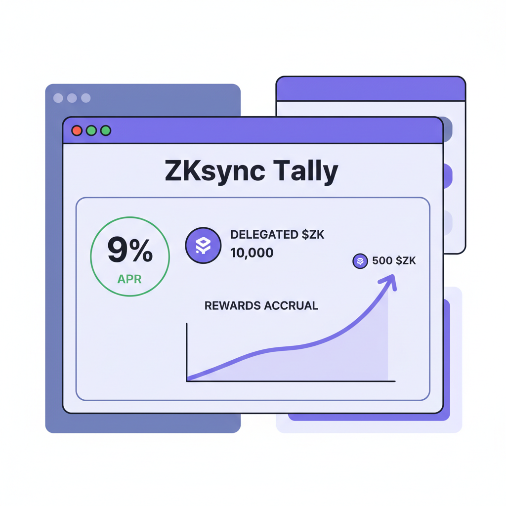 ZKsync Tally dashboard showing delegated $ZK, rewards accrual graph, 9% APR indicator