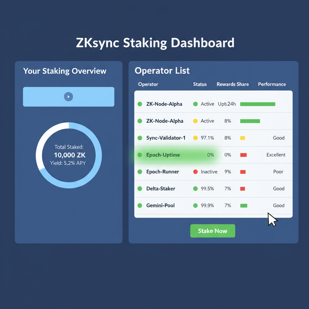 ZKsync staking dashboard showing operator list with performance metrics, high-performing operator highlighted