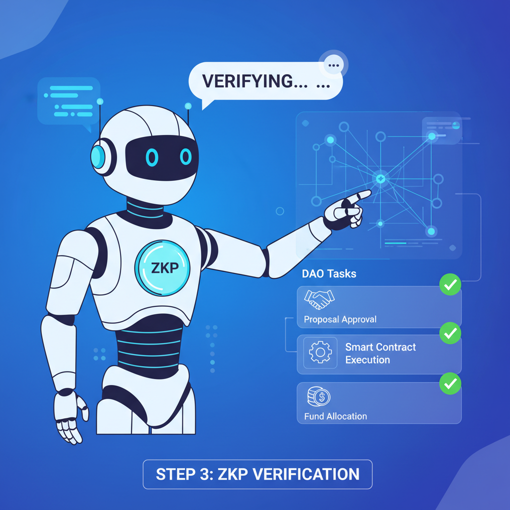AI robot with ZKP badge verifying DAO tasks, futuristic blockchain interface