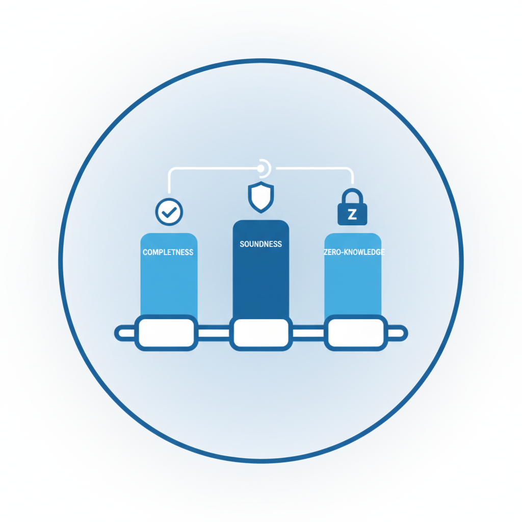three pillars icon representing completeness soundness zero-knowledge, minimalist blockchain style