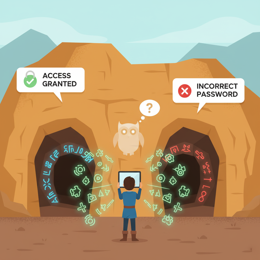 cartoon cave with two paths, person proving password knowledge without revealing it