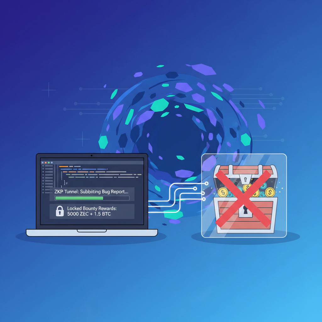 hacker laptop submitting bug report through ZKP tunnel, locked bounty rewards
