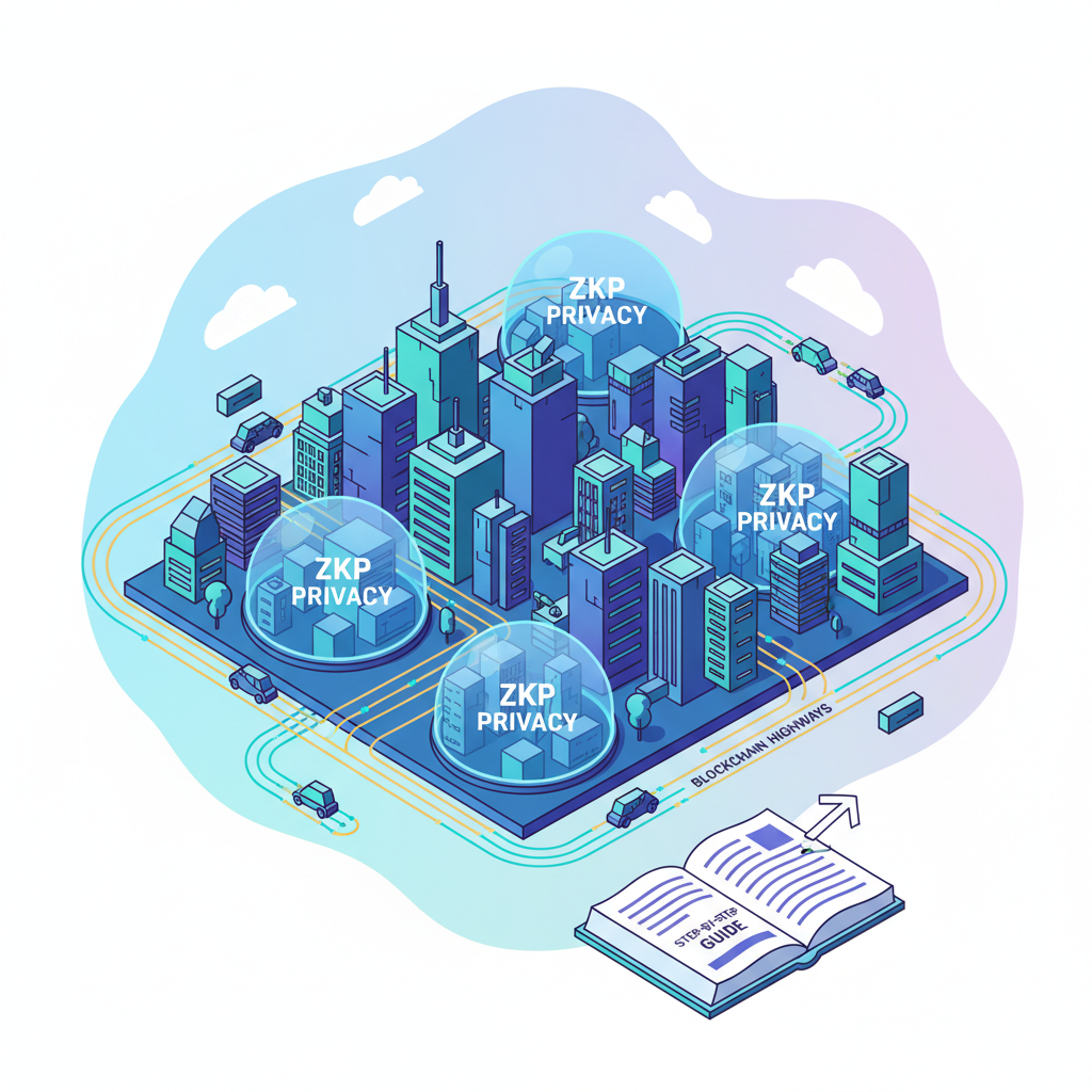 futuristic Web3 cityscape with ZKP privacy domes, innovative blockchain highways