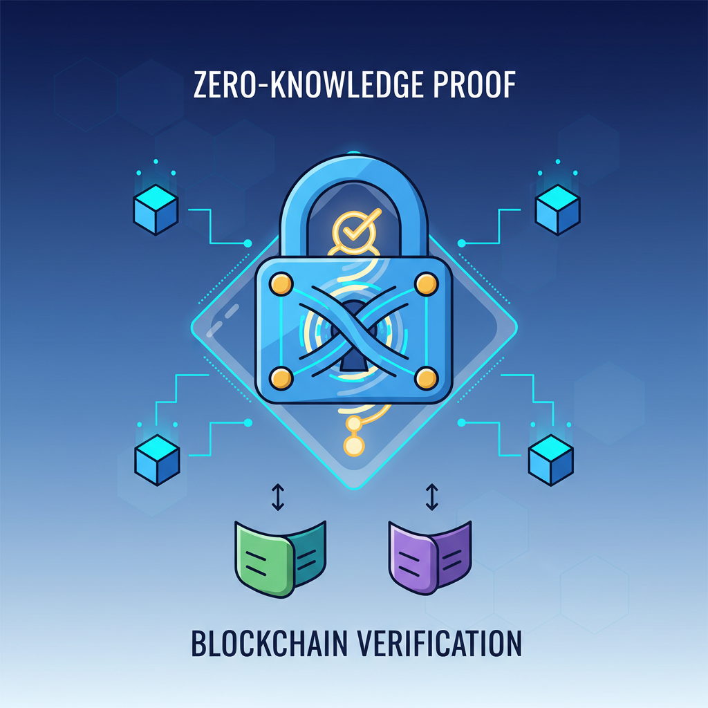 abstract cryptographic lock proving truth without revealing secrets, blockchain nodes glowing blue