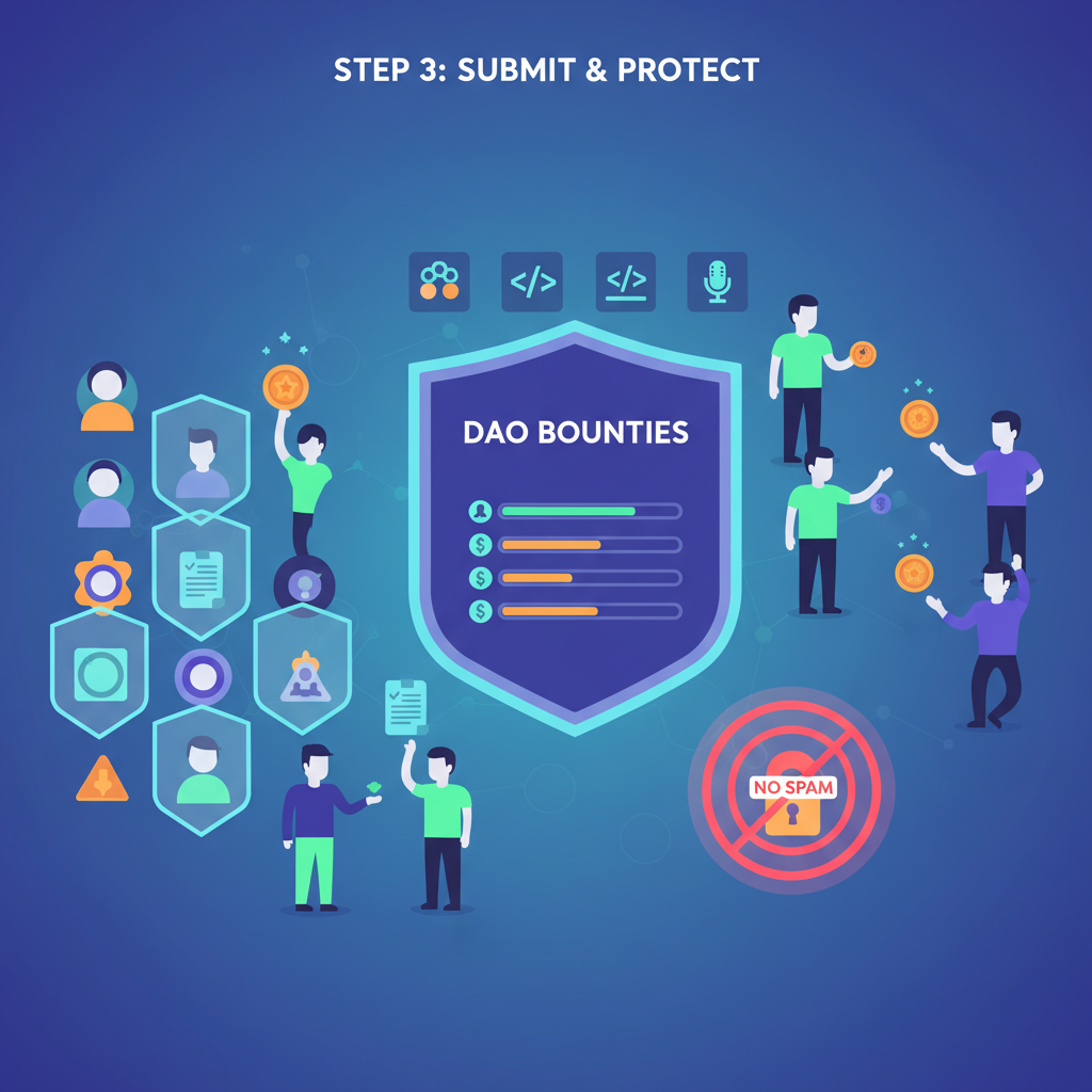 DAO community icons submitting bounties behind privacy shields, no spam icons blocked