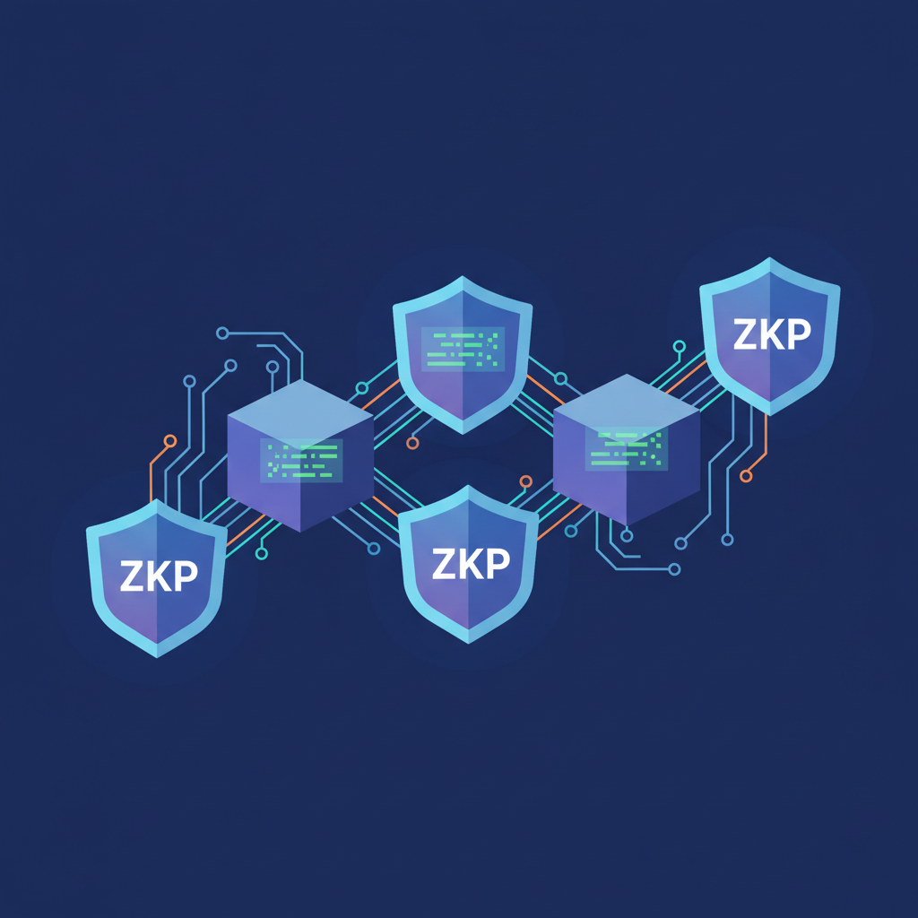 blockchain chain with ZKP shields protecting transaction data, glowing circuits