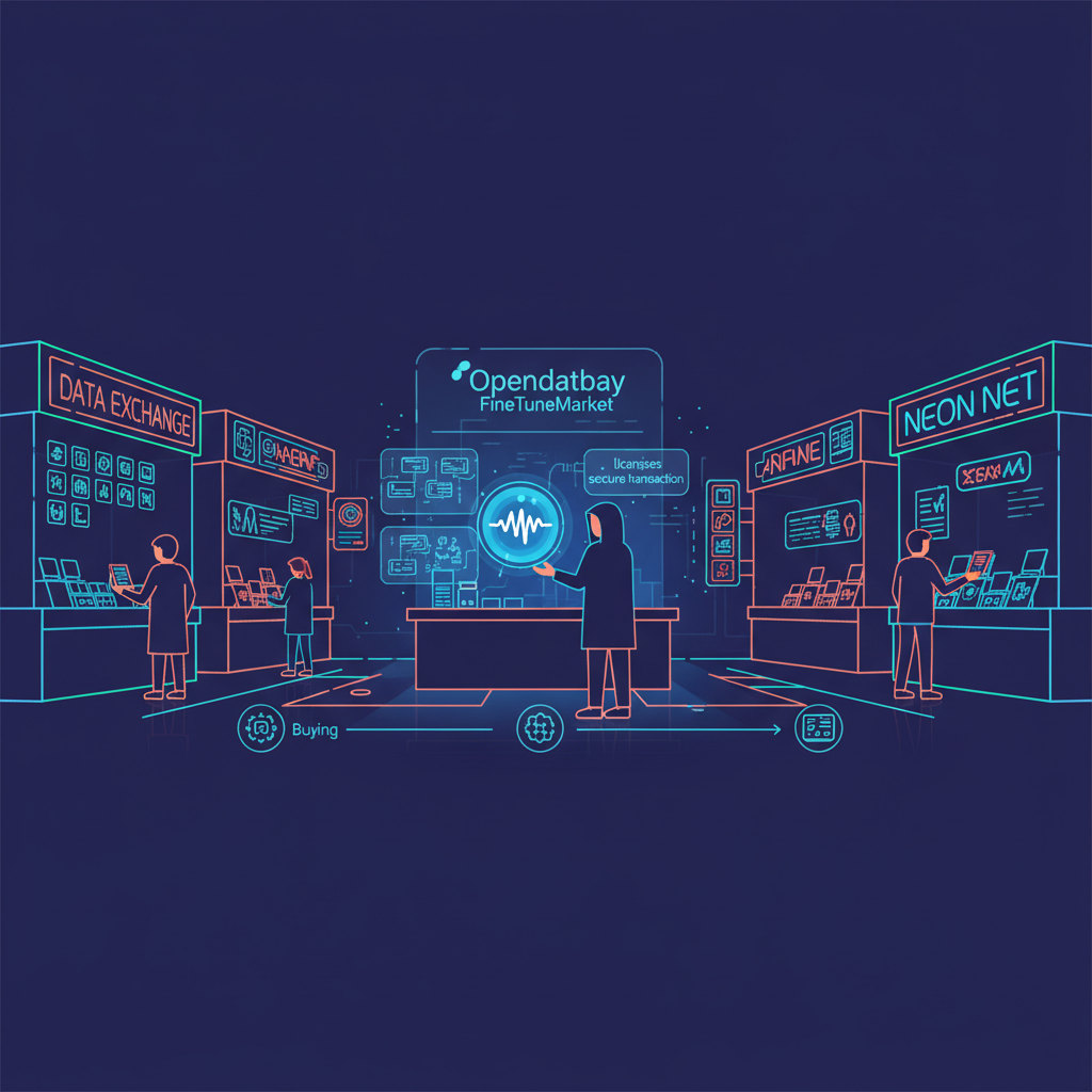 /ar 16:9 cyberpunk marketplace buying glowing dataset orb Opendatabay FineTuneMarket neon licenses blockchain secure transaction futuristic