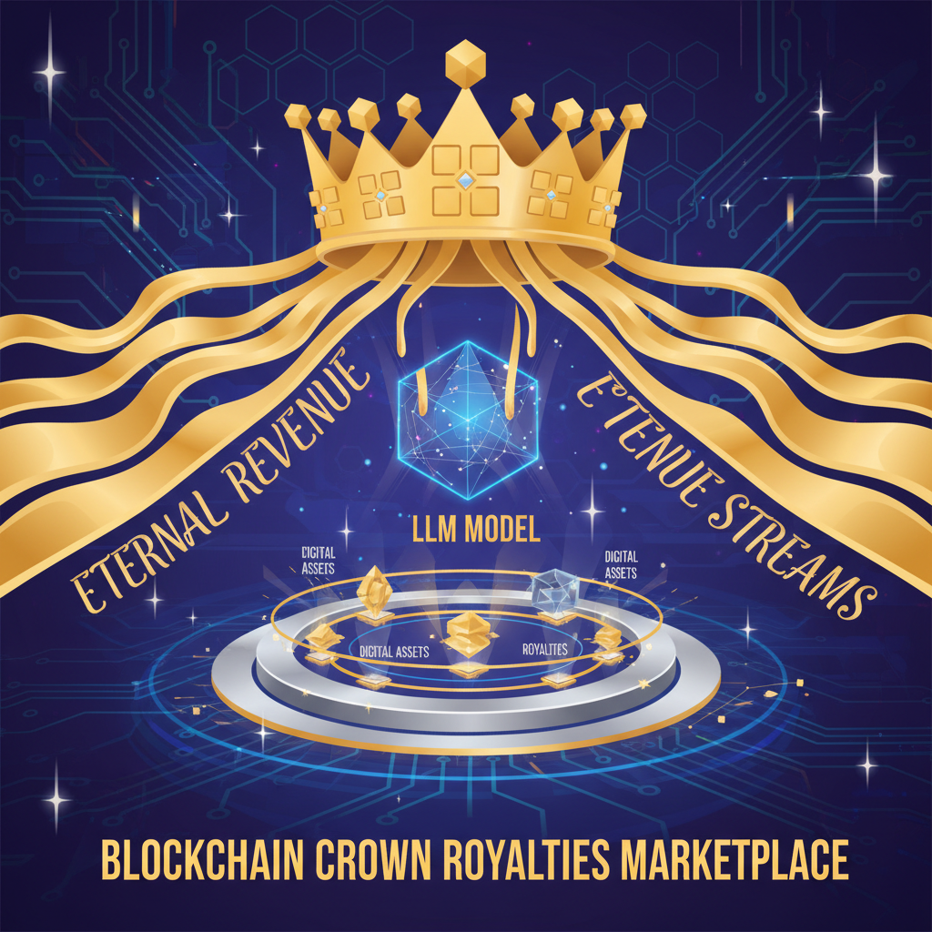 /ar 16:9 blockchain crown royalties flowing golden streams from LLM model eternal revenue marketplace sci-fi visionary wealth