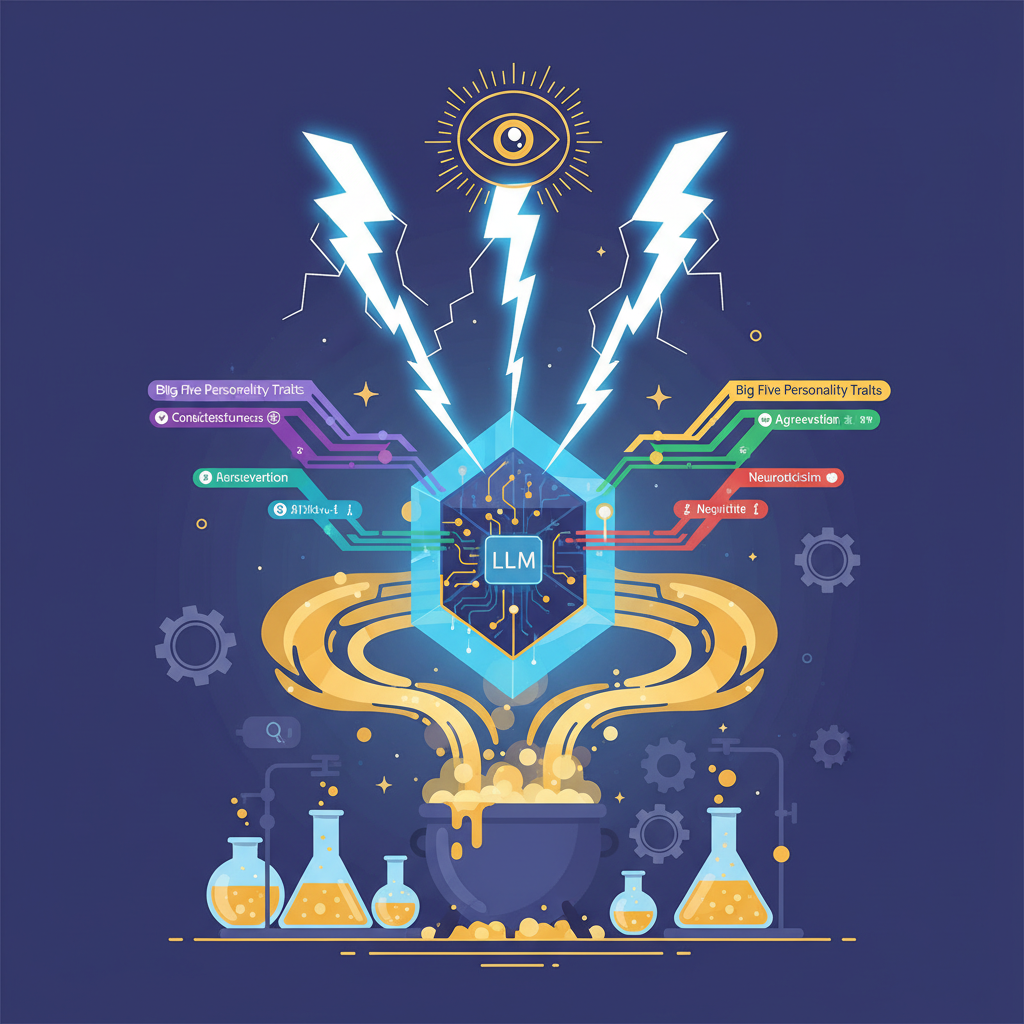 /ar 16:9 alchemical forge DPO lightning striking LLM model personality traits Big Five integrating glowing data streams visionary