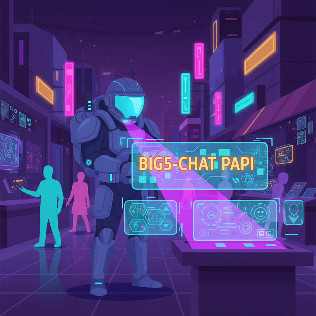/ar 16:9 vibrant futuristic explorer scanning holographic datasets BIG5-CHAT PAPI glowing neon personalities LLM alignment sci-fi marketplace