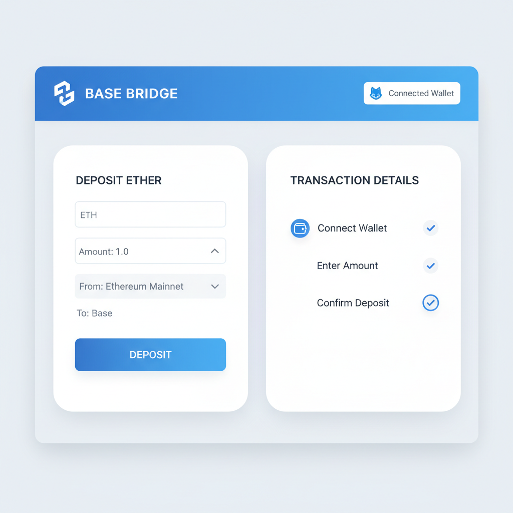 Base Bridge website interface with ETH deposit form and connected wallet