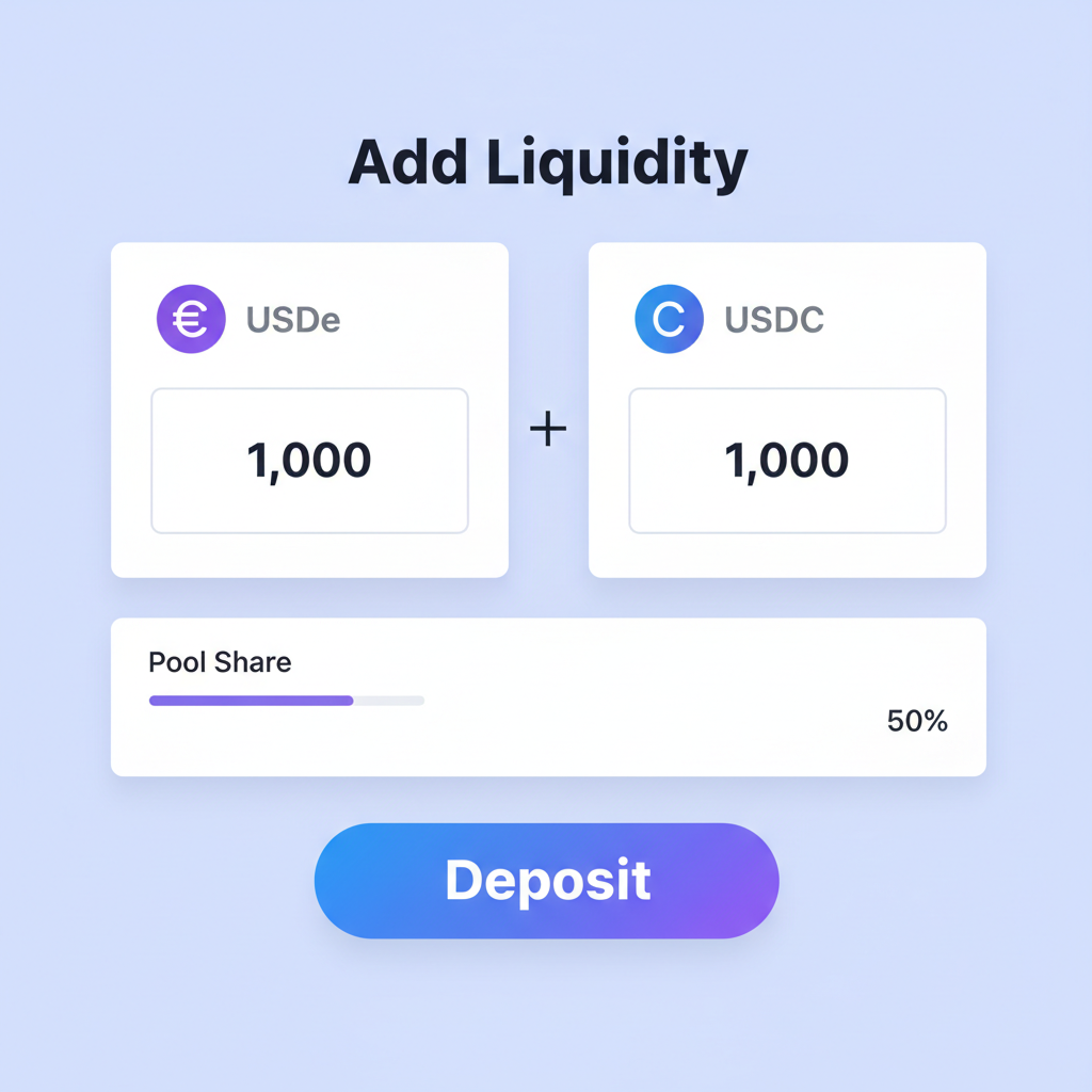 Aerodrome liquidity add form for USDe-USDC pool with deposit button