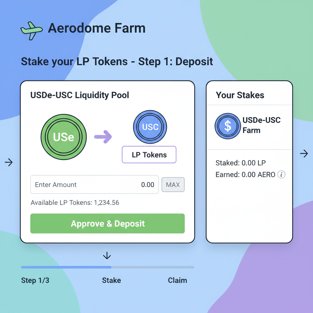 Aerodrome farm staking interface with LP token deposit for USDe-USDC
