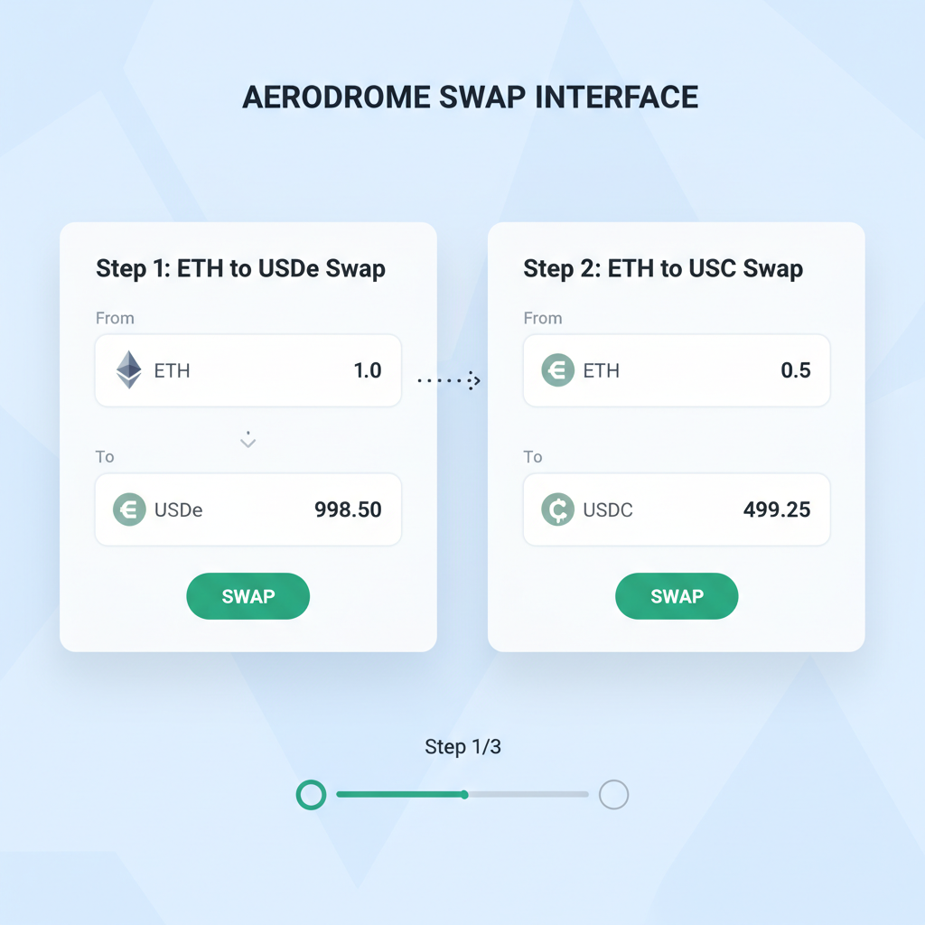 Aerodrome swap interface showing ETH to USDe and ETH to USDC trades