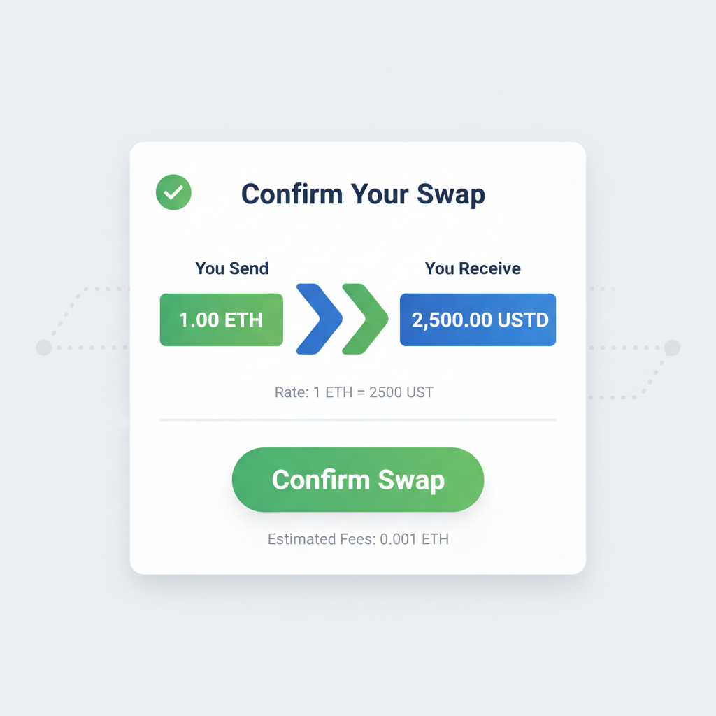 Final swap confirmation modal with USDT output preview, success button