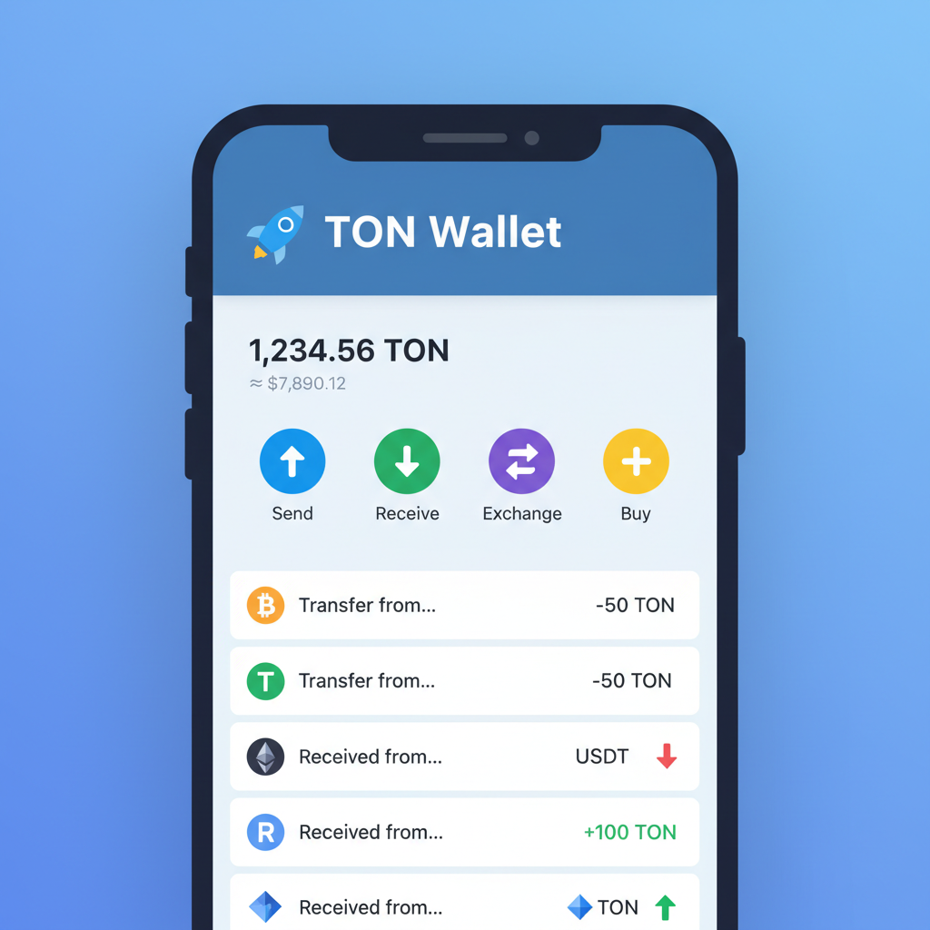 Telegram app with TON Wallet interface open, clean mobile UI, crypto icons