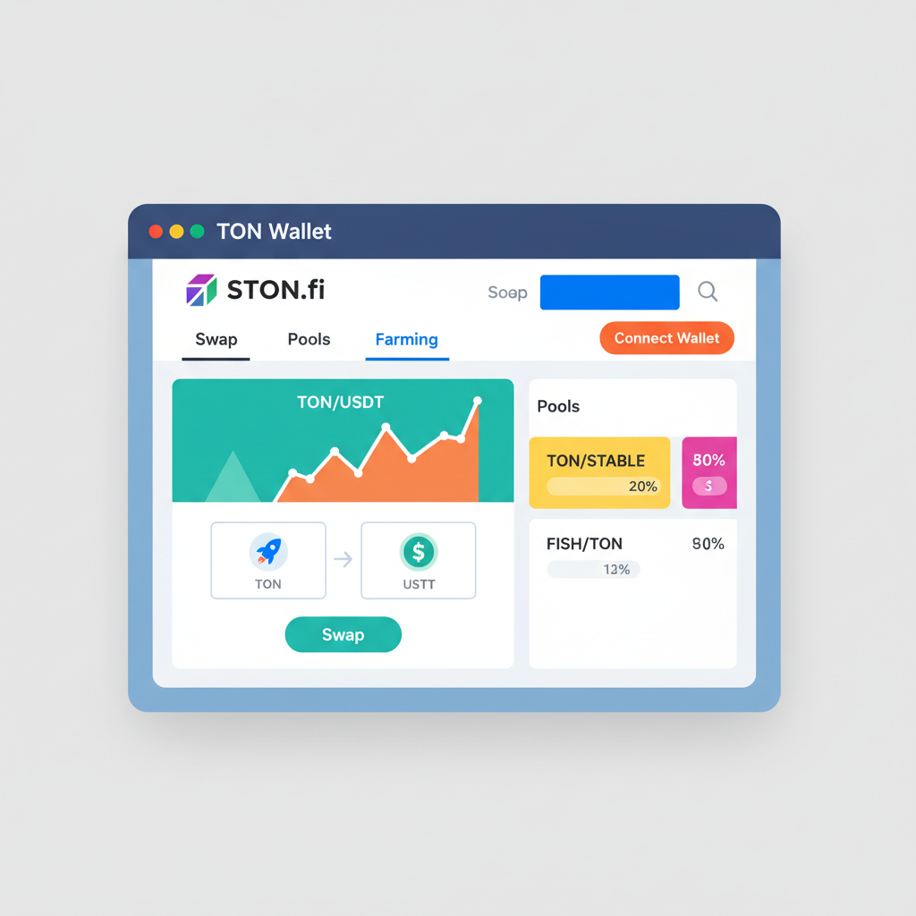 TON Wallet browser showing STON.fi DEX homepage, vibrant DeFi dashboard