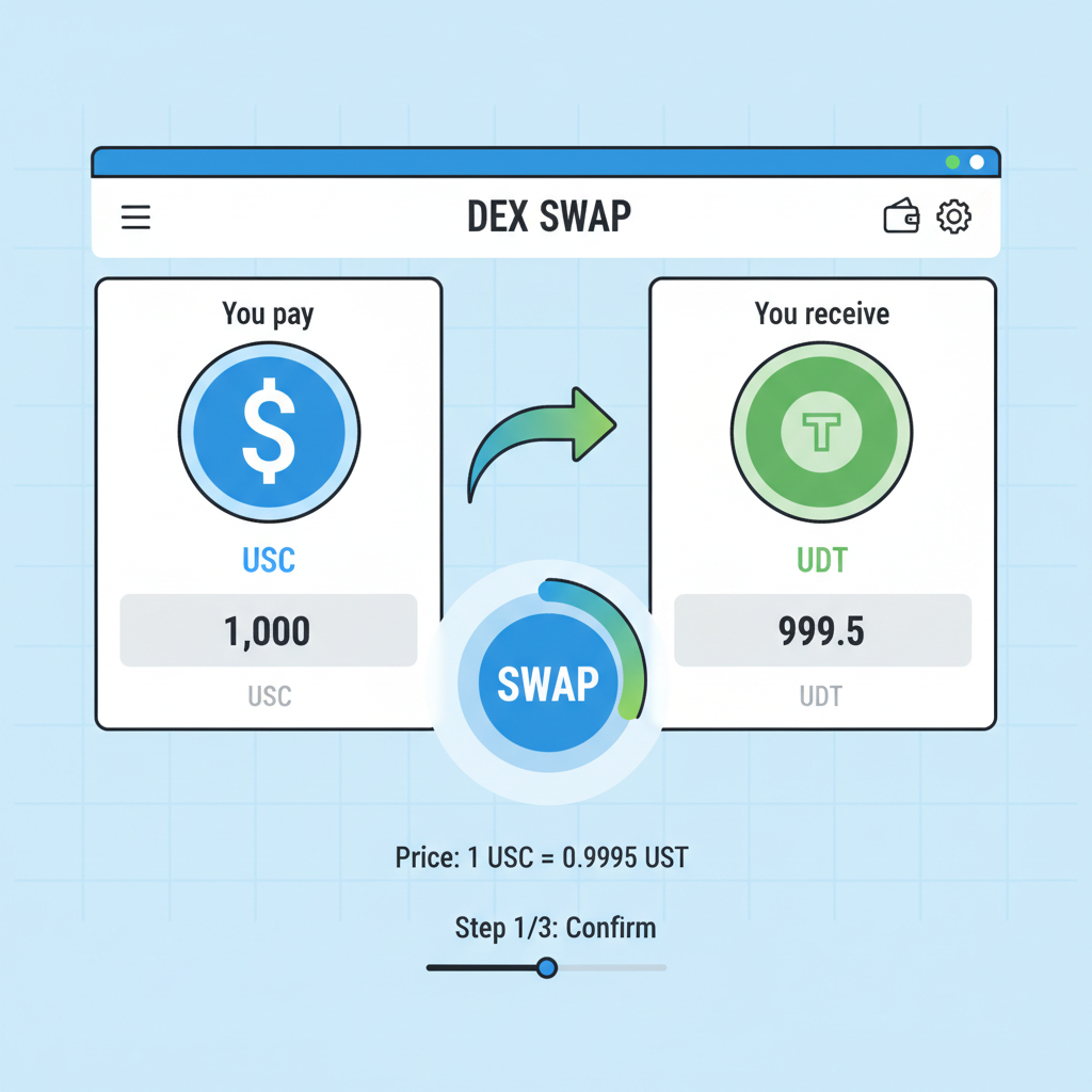 DEX swap interface with USDC to USDT pair selected, token icons prominent