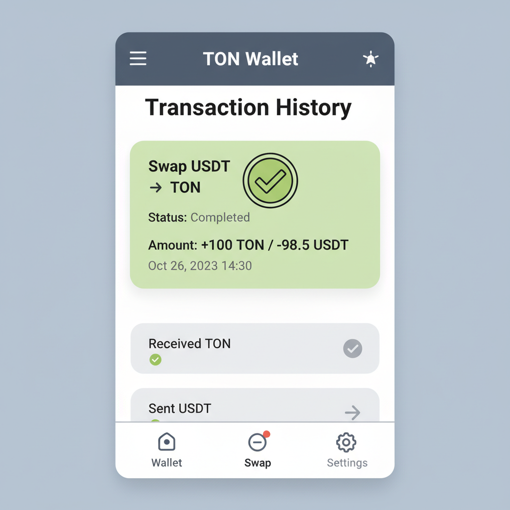 TON Wallet transaction history showing successful USDT swap, green checkmark