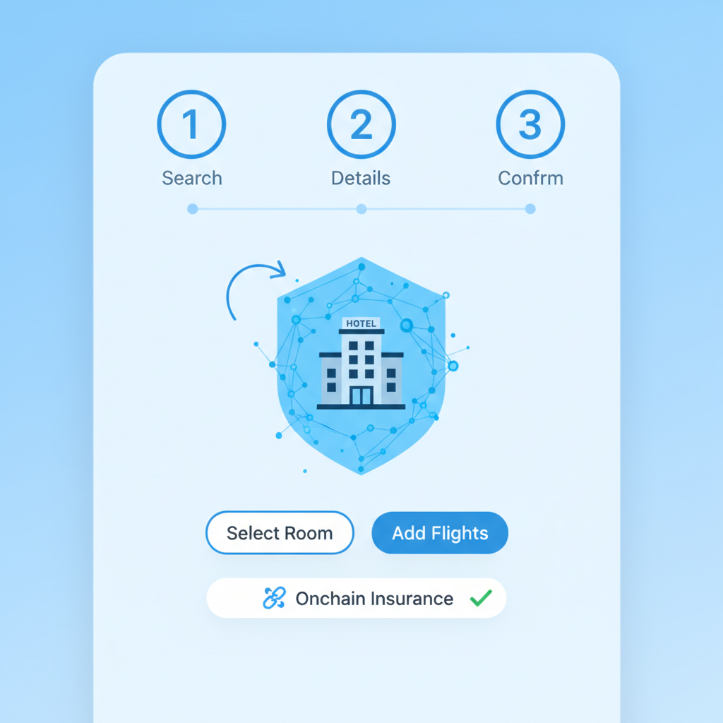 adding onchain insurance in booking flow, blockchain shield protecting hotel icon