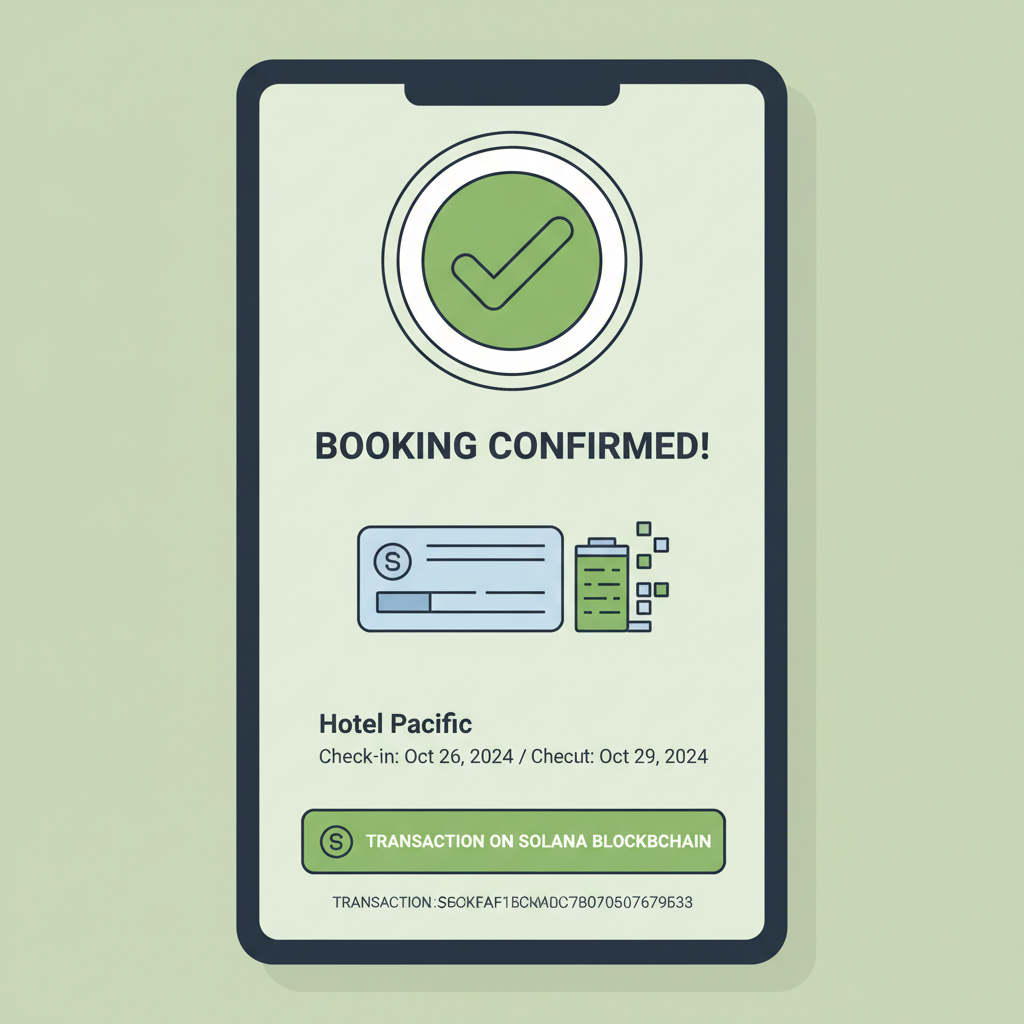 successful booking confirmation screen, green checkmark, hotel key and Solana blockchain