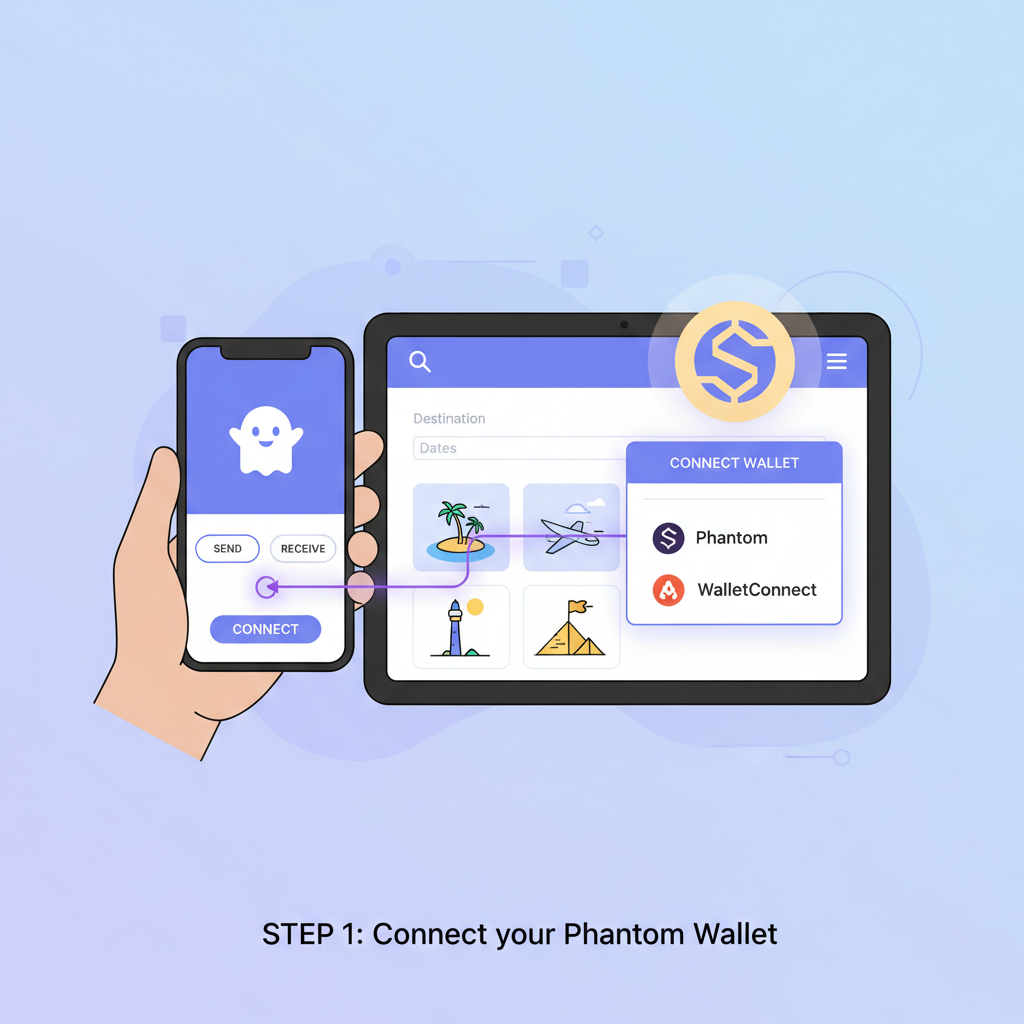 user connecting Phantom wallet to crypto travel site, clean UI, Solana logo glowing
