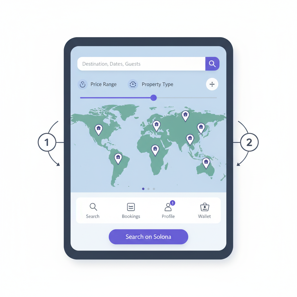 hotel search interface on Solana travel app, world map with property pins, modern design