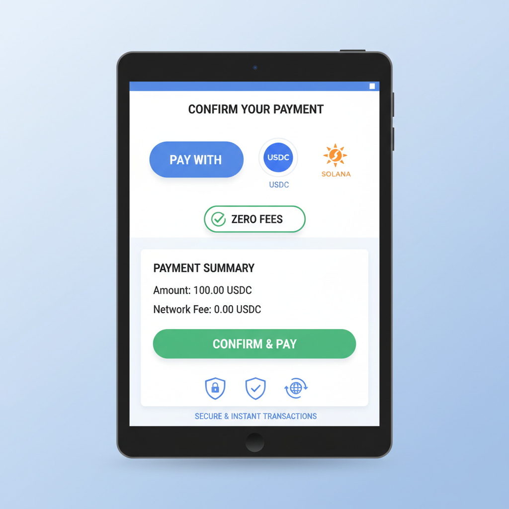 checkout screen selecting USDC payment on Solana, zero fees badge, secure icons