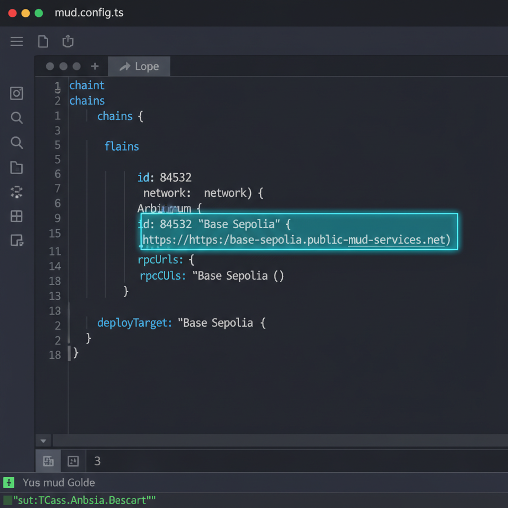 code editor dark theme mud.config.ts file open highlighting chains array with id 84532 and Base Sepolia RPC clean professional UI