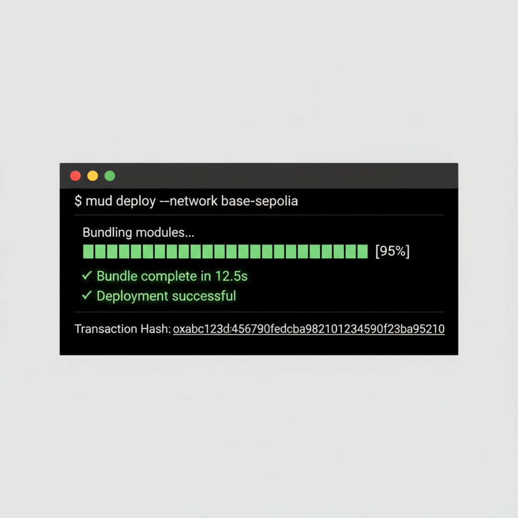 black terminal window executing mud deploy --network base-sepolia command showing bundling progress green success messages transaction hash