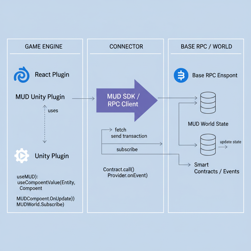 diagram of MUD React hooks or Unity plugin connecting to Base RPC, code snippets and game engine icons