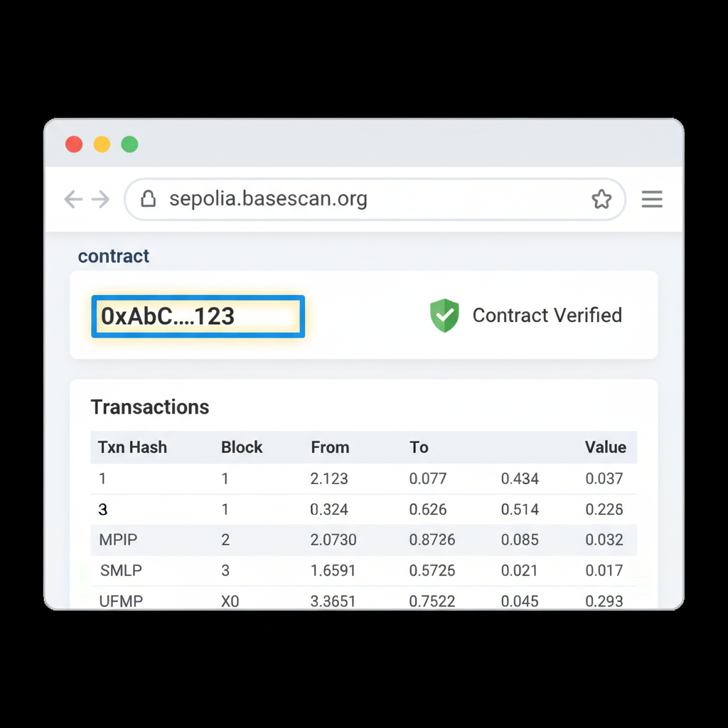 web browser tab on sepolia.basescan.org contract page address highlighted transaction list verified badge professional screenshot