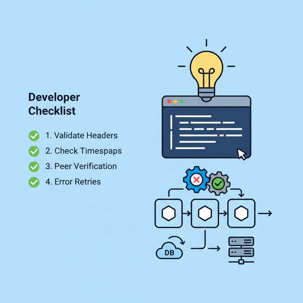 developer checklist avoiding blockchain sync errors, lightbulb icon over code and chain diagram