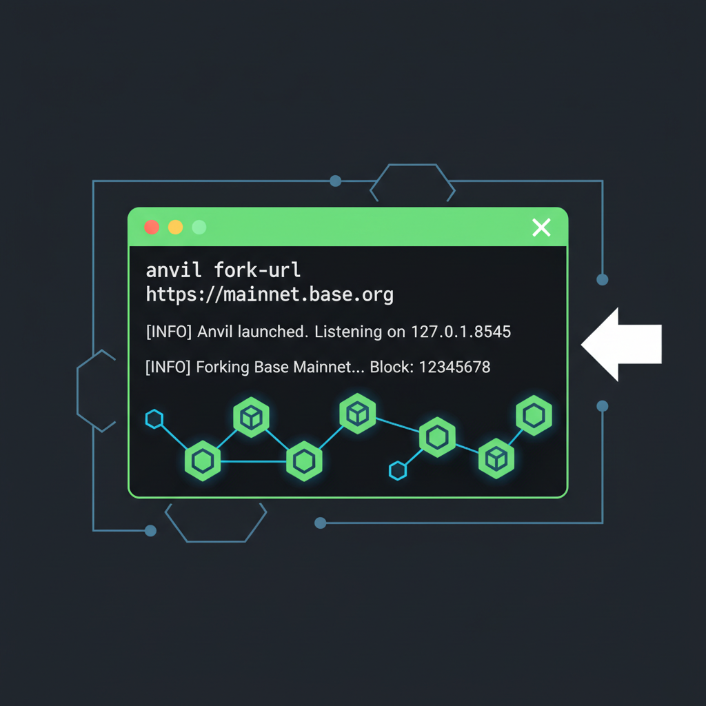 terminal displaying anvil fork-url command output for Base, blockchain nodes connecting