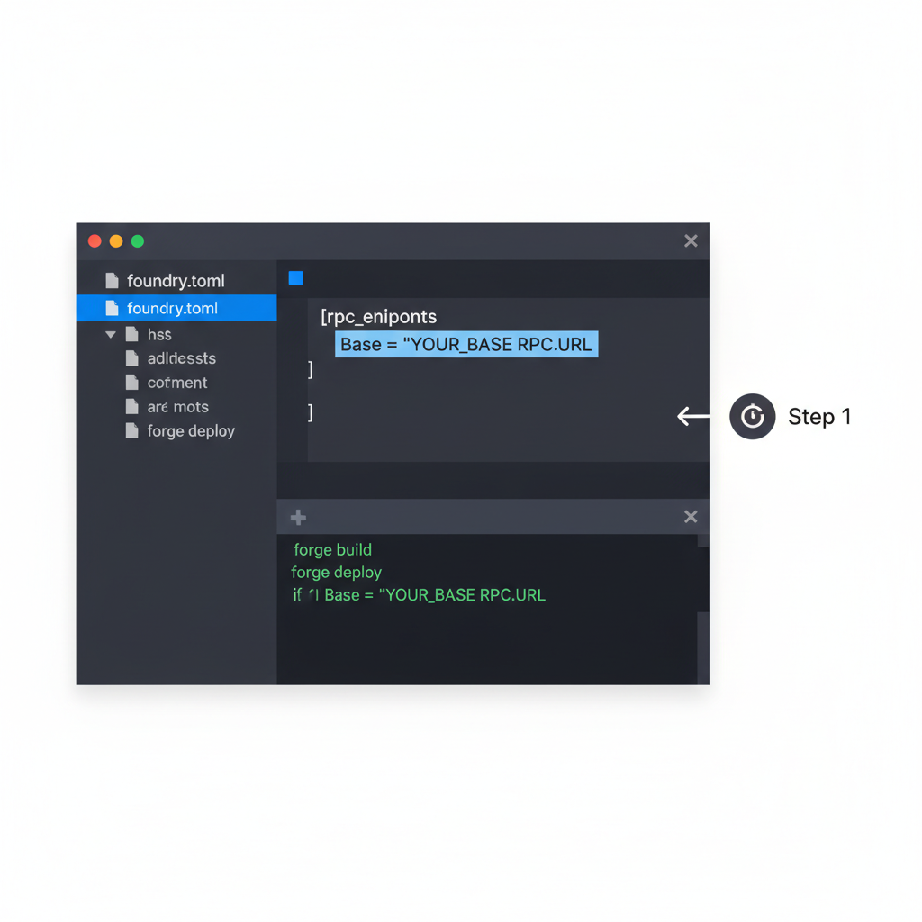 code editor with foundry.toml open, highlighting rpc_endpoints for Base chain, dark theme terminal